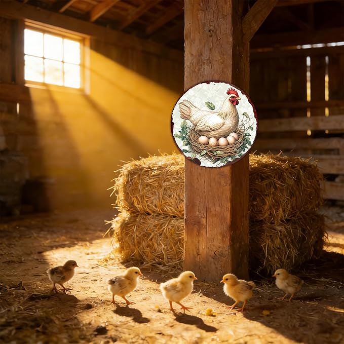 Chicken Coop Hen Round Metal Tin Sign Chicken Wreath Wall Decor Kitchen Farmhouse Outdoor Wall Art for Home Garden Kitchen Farmhouse Decoration Poster 8 Inch