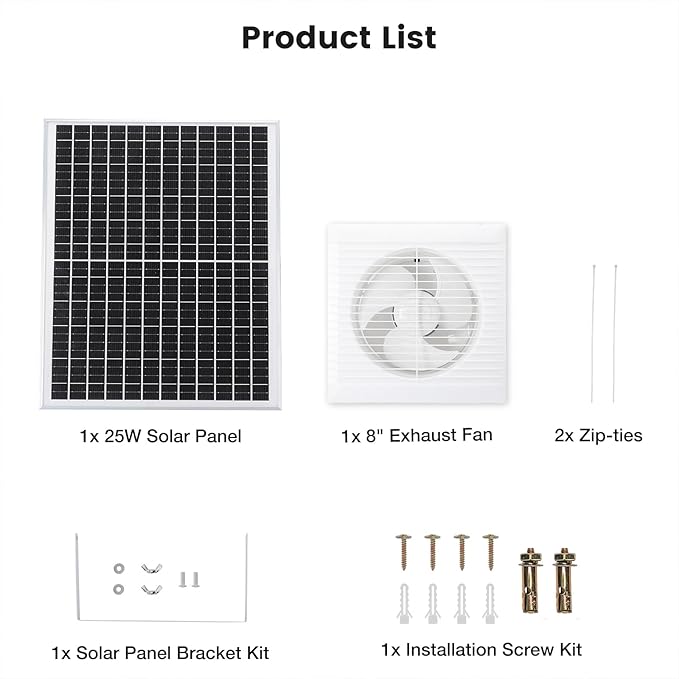 Solar Exhaust Fan, Solar Powered Vent Fan Kit for Outside Greenhouse Shed Chicken Coop (8" Fan)