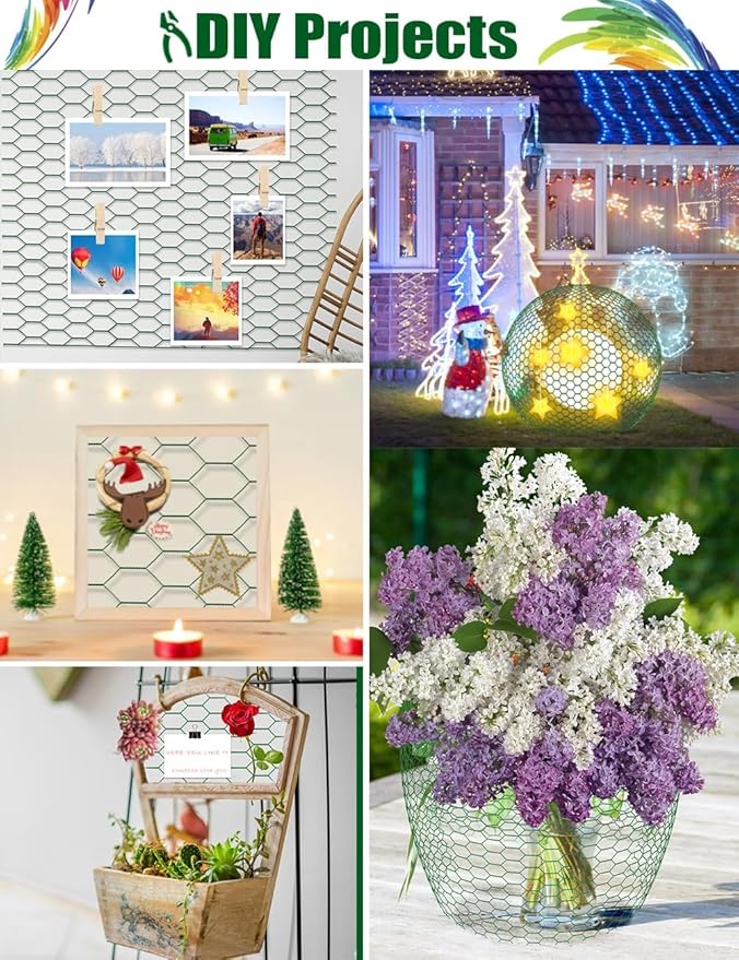TOYPOPOR Chicken Wire, 16''x 600''/49ft Mesh Roll for Floral Arrangements, Anti-Rust PVC Coated Garden Netting, Rabbit Animal Fence with Cutting Plier, Gloves and Ties for DYI Crafts, Poultry, Garden
