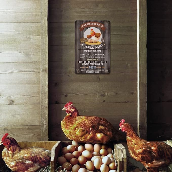 YOYI ART Funny Chicken Coop Rules Sign - Rustic Vintage Metal Chicken Signs, Chicken Coop Decor Sign for Outdoor Farmhouse, Chicken Decor Outdoor for Farm Fence, Chicken Gifts for Women, 8 x 12 inch