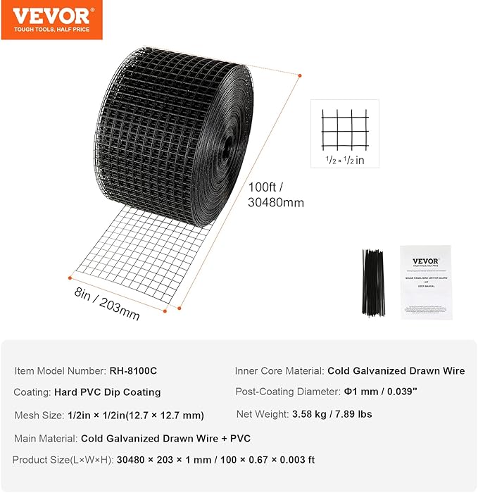 VEVOR 8inch x 98ft Critter Guard for Solar Panels, PVC Coated Wire Mesh Roll Kit with 50pcs Ties for Pigeon Deterrent, Bird, Squirrel Proof, Black