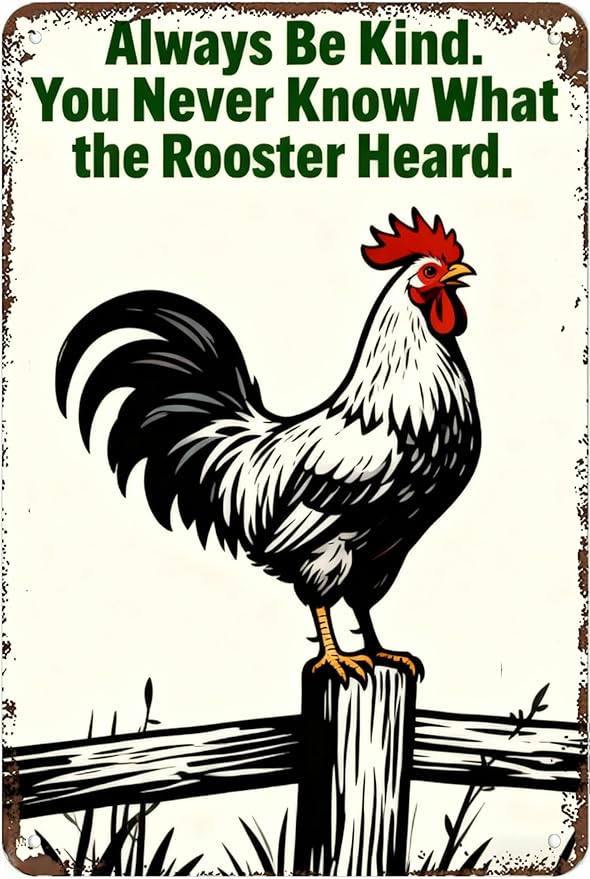 Vintage Metal Sign Always Be Kind. You Never Know What the Rooster Heard. Tin Sign Decor Retro Wall Decor For Home Coffee Bar Funny Aluminum Sign 16x12 inch