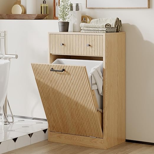 Single 10 Gallon Wood Grain Tilt-Down Trash Can Cabinet with Storage Drawer,Wood Grooved Recycling Cabinet with Wave Texture Hidden Pull-Out Trash Can for Kitchen,Bathroom (Trash Can Cabinet-Wood)