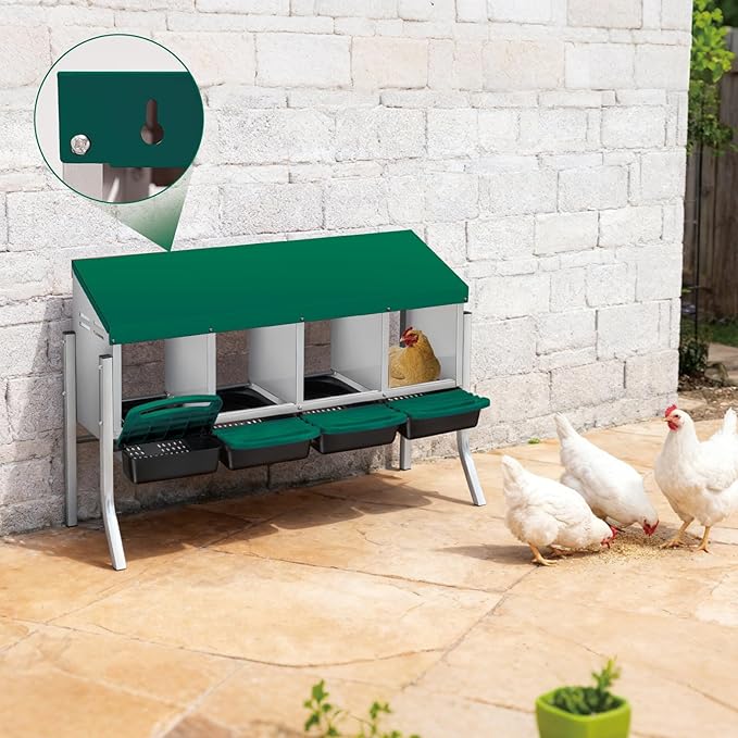 Chicken Nesting Boxes with Rollout Egg Collection – 4-Compartment Metal Hen Nest Box with Removable Trays, Slanted Roof & Ventilation, Wall Mount or Standing for Backyard Poultry Coop, Green
