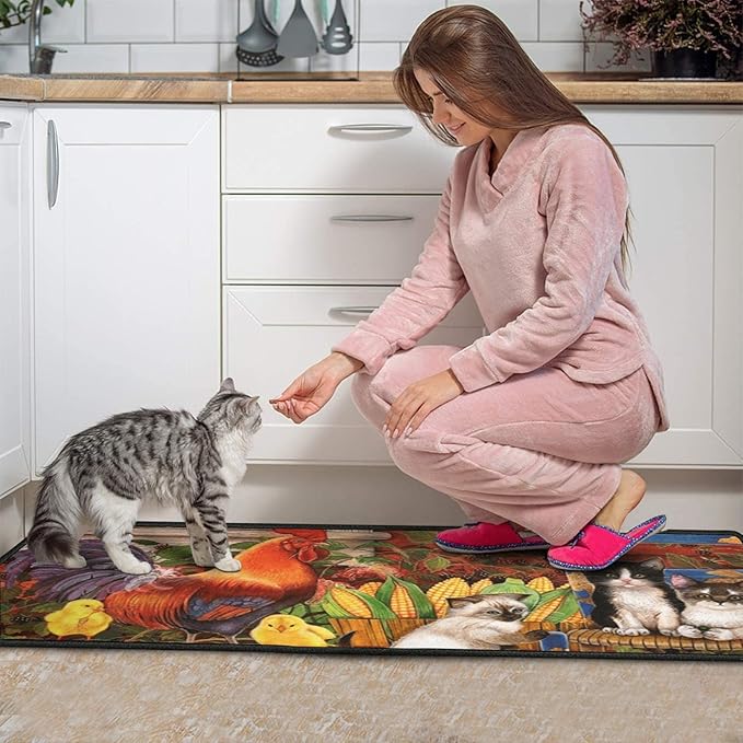 Roszwtit Farmhouse Kitchen Rugs and Mats Set of 2, Farm Rooster Kitchen Mat, Seasonal Holiday Cooking Sets Washable Non-Slip Floor Mats for Home Kitchen Decor - 17x29 and 17x47 Inch