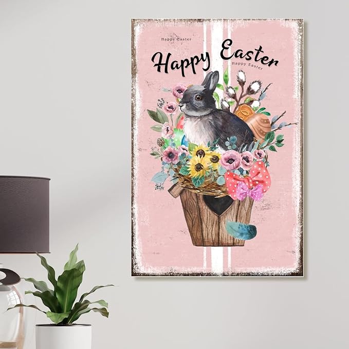 Wood Art Plaque Happy Easter Flower Basket Bunny Sign French Style Floral Pink Stripes Wood Wall Art Signs Bunny Rabbit Happy Easter Wood Sign for Bedroom 12x18in