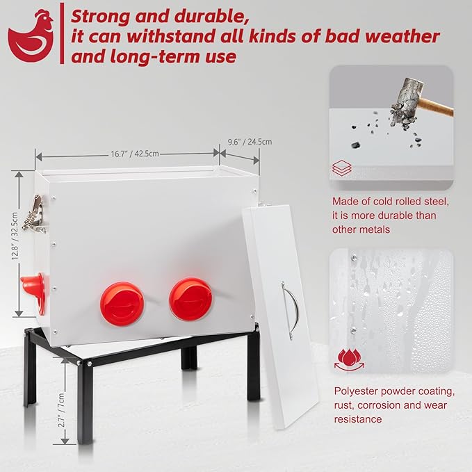 Automatic Chicken Feeder with Locking Lid and Base, 40 lb 6 Mouth Large Metal Chicken Feeders, No Waste Poultry Feeder Fit for Hen Coop