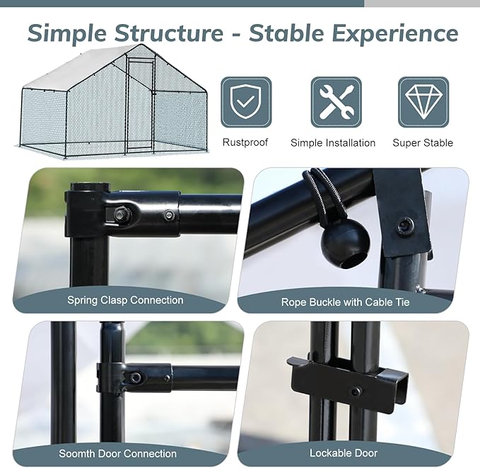 VINGLI Chicken Coop, 6.5 * 9.8 * 6.5 ft Large Metal Poultry Cage for Chicken Run, Walk-in Chicken Pen with Waterproof & Anti-UV Cover for Yard Outdoor (Black-Spire Roof)