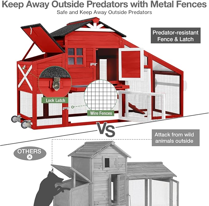 Outdoor Chicken Coop with Run, 2-Story Wooden Hen House with Wheels, Waterproof Roof & Pull-Out Tray for 2-4 Chickens (Red)