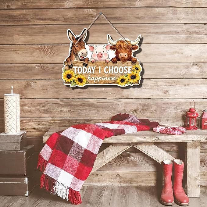 Farmhouse Decor Inspirational Wall Art, Animal-shaped wooden Decor, Today I Choose Happiness Hanging Plaque for Country Home, Suitable for Front Doors, Porches, And Rural Houses 11.8x8 Inches