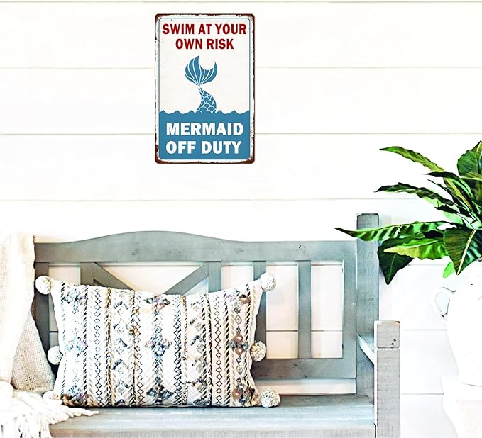 Swim at Your Own Risk Mermaid off Duty Vintage Swimming Pool Tin Sign Pool Rules Sign Pool Wall Decor Outdoor Swimming Pool Decorations 8x12 Inch