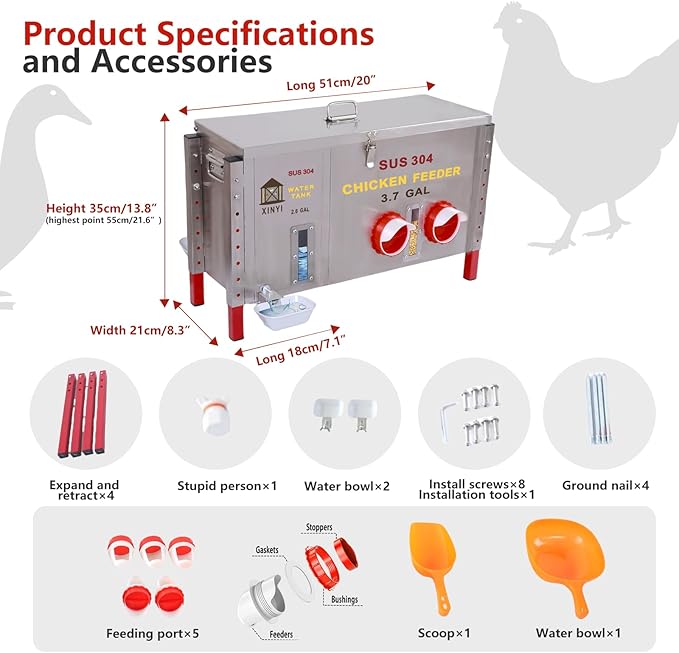 Stainless Steels Chicken Feeder and Waterer, Gravity Feeder with Adjustable Legs, Aluminum Alloy Water Cup, Automatic Feeder Waterpoof and Sturdy, Transparent Water Observation Window, 3.7 Gallon