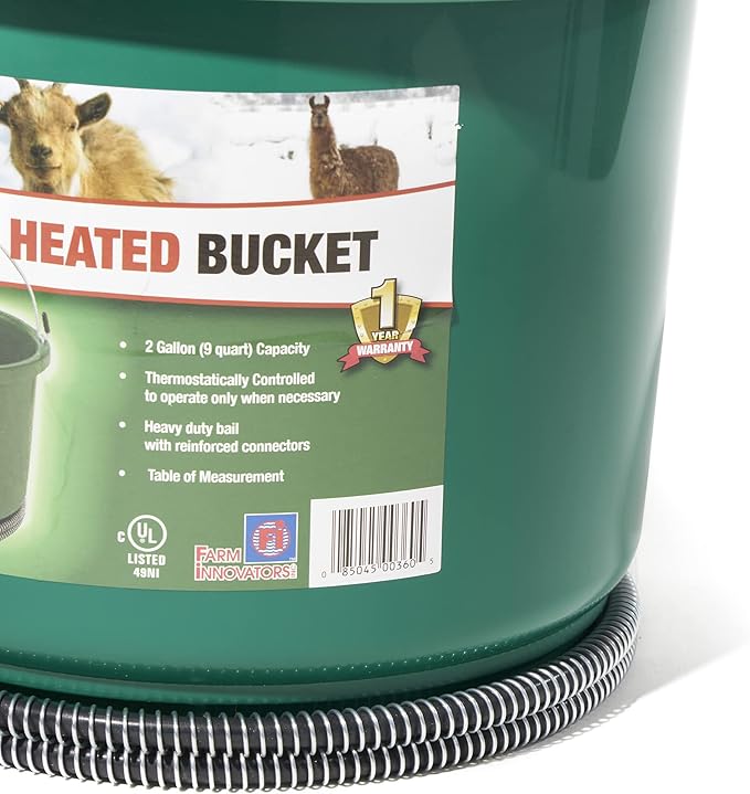 Farm Innovators HB-60 9 Quart 2 Gallon Plastic Heated Bucket w/Metal Handle, Built in Thermostat, & Anti Chew Cord Protector, 60 Watt, Green (2 Pack)