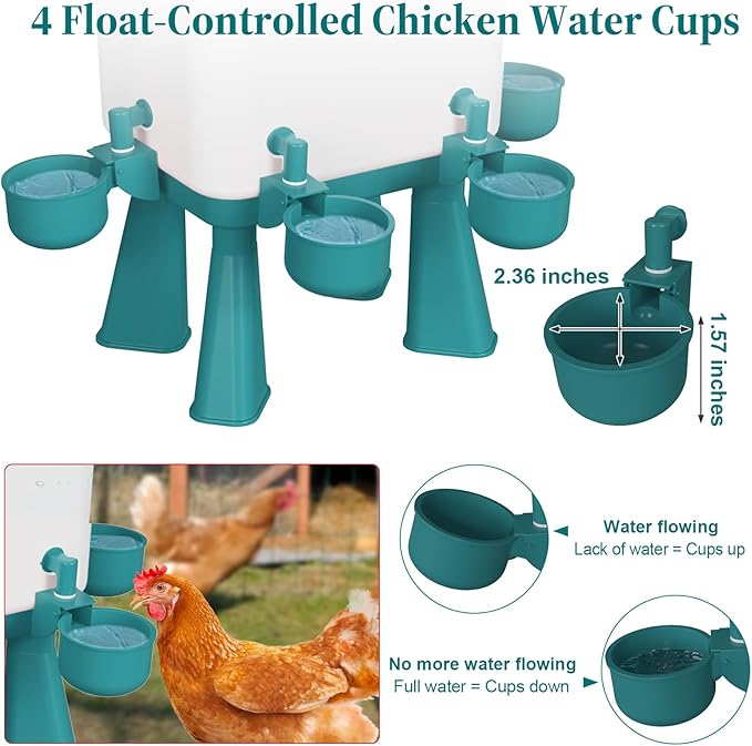 Chicken Waterer, 3 Gallons Automatic Chicken Waterers with 5ft Pipe, Float Controlled Automatic Poultry Water Feeder, 5 Chicken Waterer Cups (Blue, 3 Gallons)