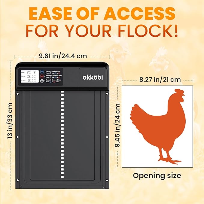 Automatic Chicken Coop Door – Coop Door Lite – Battery Powered (3X AA Included) – Timer & Manual Modes – LCD Display – Anti-Pinch Safety – 11" x 9.4" Opening