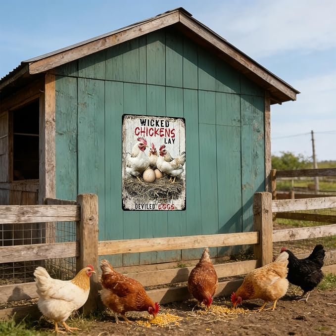 Metal Art for Outside Chickens Lay Deviled Eggs Metal Signs Vintage Room Decor Aesthetic Wall Art 12x8 Inch