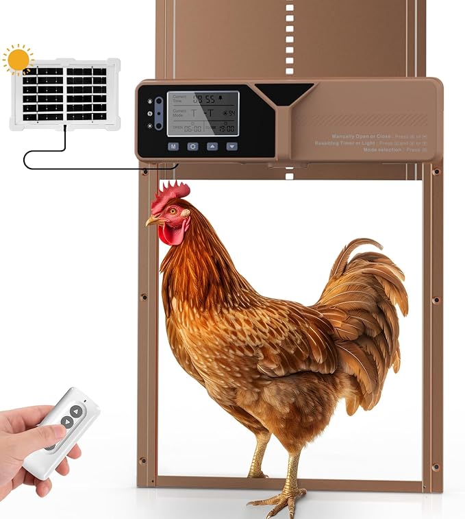 Upgraded Large Automatic Chicken Coop Door - Solar,Battery Powered Chicken Door Opener | Timer,Light Sensor,Remote,Manual Control | Anti-Pinch, Predator Proof All-Weather Resistance Coop Door