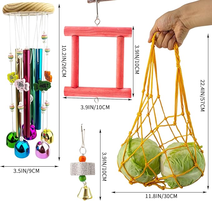 FlidRunest 4PCS Chicken Coop Toys Set, Hanging Chicken Wind Chime, Vegetable String Bag, Coop Mirror Toy and Beak Grinding Calcium Stone, Musical Enrichment Accessories for Hens Poultry Chick