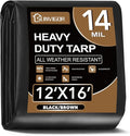 Sunvigor Tarp Waterproof 12x16Ft, Extra Thick 14 Mil Heavy Duty Tarp Cover, Tear & Fade Resistant, Outdoor Tarps with Brass Grommets and Reinforced Edges for Roof, Camping, Patio, Boat (Black/Brown)