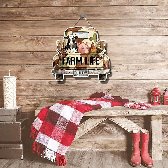Farmhouse Wall Decor, Farm Life Truck Sign with Cow Pig Chicken, Rustic Wood Hanging Plaque, Watercolor Farm Animal Wall Art Painting Style, Country Home Door or Wall Sign, 10.4x9.8 Inches