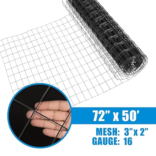 Fencer Wire 16 Gauge Green Vinyl Coated Welded Wire Mesh Size 2 inch X 3 inch, Black, 6 ft x50 feet