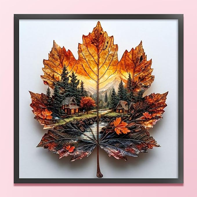 Maple Leaf Forest Cabin Stamped Cross Stitch Kits for Adults Beginners - 45x45cm 11CT Pre-Printed Embroidery Needlepoint Starter Kit, DIY Craft Perfect for Christmas Gift Home