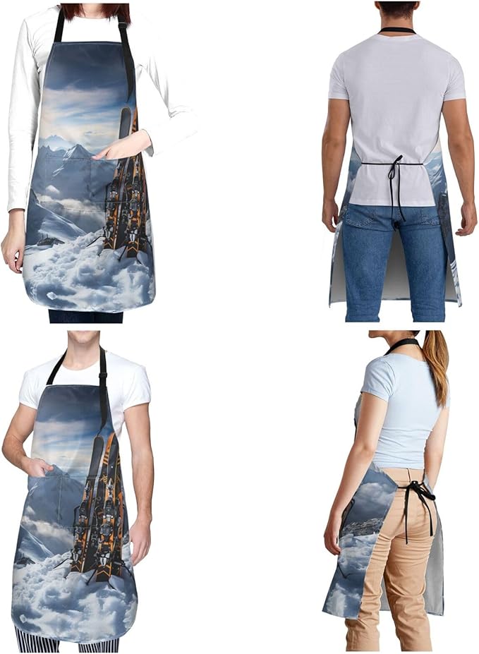 Kitchen Aprons for Men Women Waterproof Apron with 2 Pockets Skis on mountain Apron Adjustable Bib Aprons