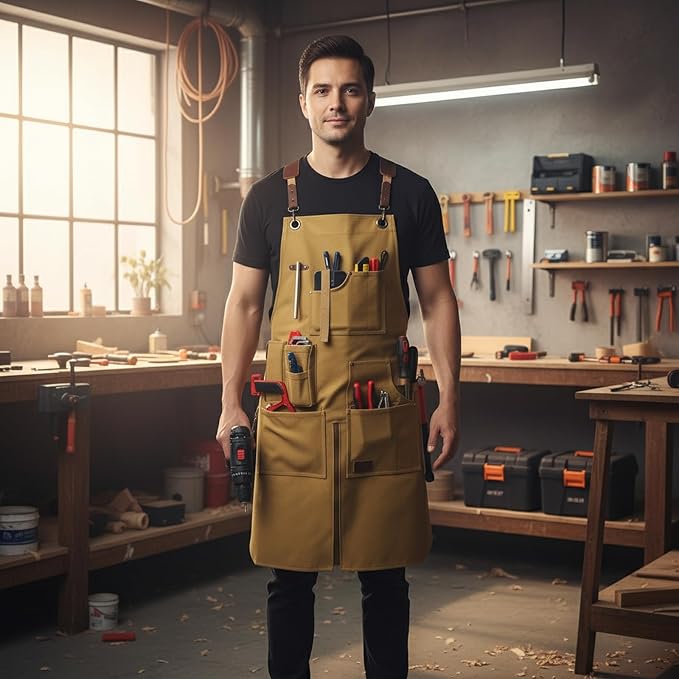 Woodworking Apron, Tool Apron, Canvas, Multiple Pockets, Adjustable Zipper, Metal Ring, Tape Measure Clip, Plus Size, Khaki.