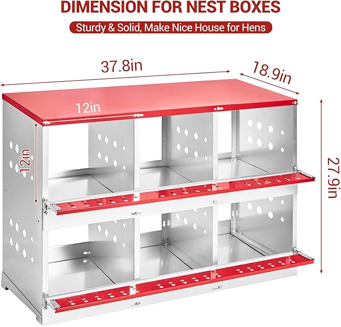Heavy Duty Metal Chicken Nesting Box – 6 Compartments, Vented Holes, Swing Perch, Rollaway Egg Laying Box, Pull-Out Tray, Wall Mount, for Coops, Without Cover-Red, 96×48×71cm