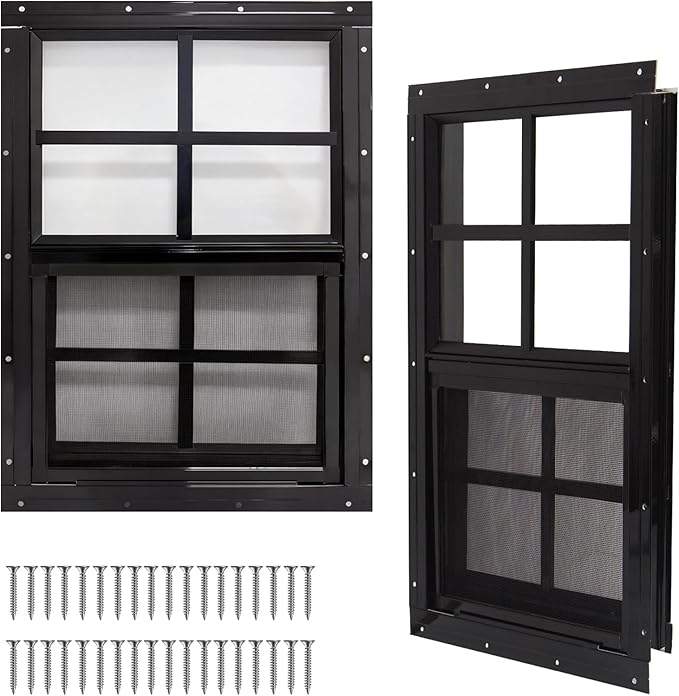 Yuzzy Shed Windows 2 Pack, Chicken Coop Windows 30" x 36" with Tempered Glass and Fiberglass Screen, Flush Mounted Small Window for Shed, Barns, Playhouse, Household, Garage (Black)