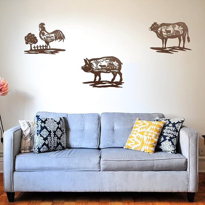 J-Fly Farm Wall Decor Farmhouse Metal Wall Art Pig Cow Rooster, 9 Inch set of 3, House Decorations for Living Room Bedroom Valentine, Rustic Farm Animal Windmill Décor for Indoor Outdoor Lodge