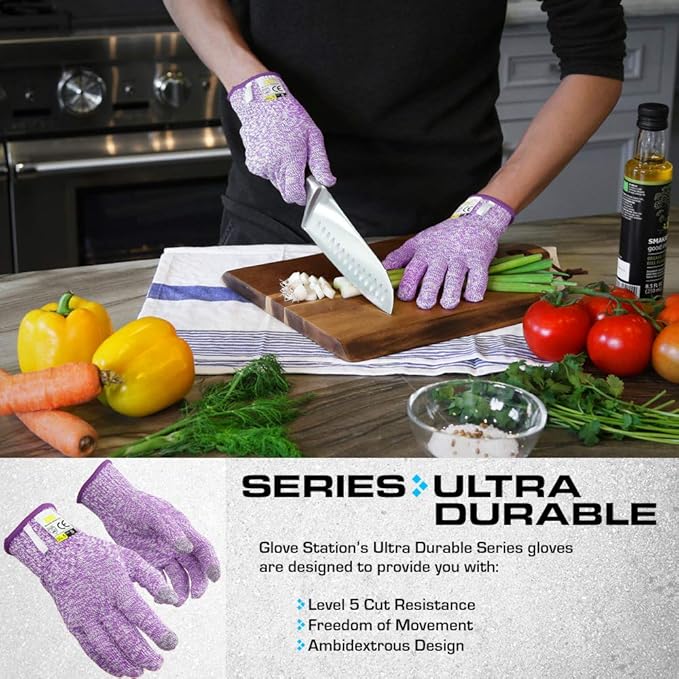 Glove Station Ultra Durable Series Cut Resistant Gloves - Cutting Gloves for Chefs, BBQ and Cooking - Level 5 Protection, Food Grade Safe Cut - Purple, X-Large Size