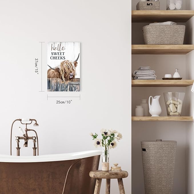 Highland Cow Pictures Wall Decor:Hello Sweet Cheeks Bathroom Decor Cow Paintings Canvas Prints Poster Rustic Farmhouse Highland Cow Wall Art Country Living Room Bedroom Home Decor 10" X 15"