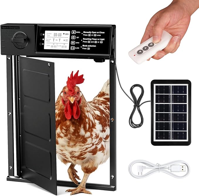 Large Size Automatic Chicken Coop Door Solar Powered, 4000MAh Internal Battery Automatic Coop Door Anti-hit Side Charging Port, Automatic Chicken Door with Timer & Light Sensor 4Modes & Remote Control