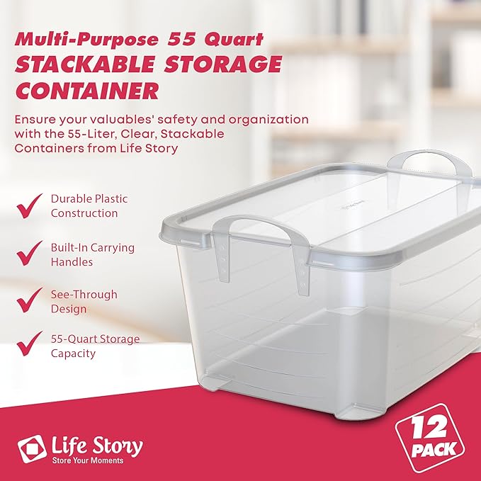 Life Story 12 Pack Light Duty Stackable Storage Bin, 55 Quart Home Organizer, Versatile Lightweight Locking Bins with Carrying Handles, Clear
