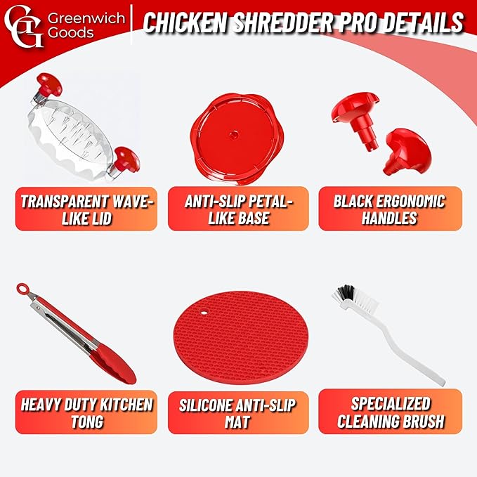 Chicken Shredder Tool Twist Large – Visible Meat Shredder for Chicken Breast with Cleaning Brush & Tong, BPA-Free Non-Slip Base, Ergonomic Handle, Heat Resistant & Dishwasher Safe (Red)