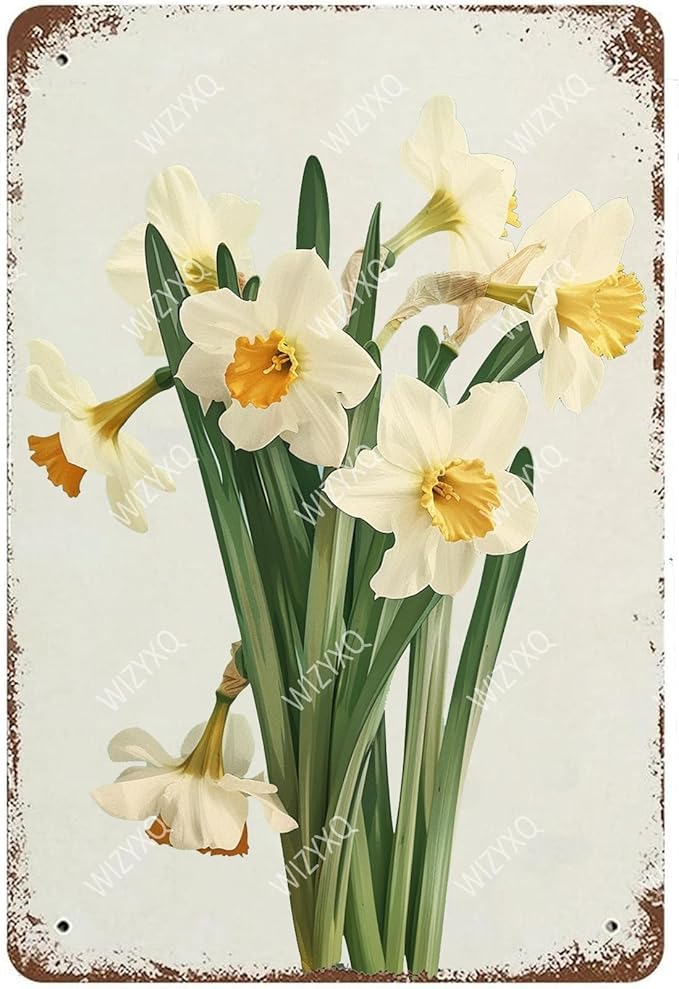 Flowers Metal Signs Narcissus Sign Vintage Tin Sign Retro Wall Art Decor for Living Room Bedroom Garden Yard Shop Bar 8×12 Inches