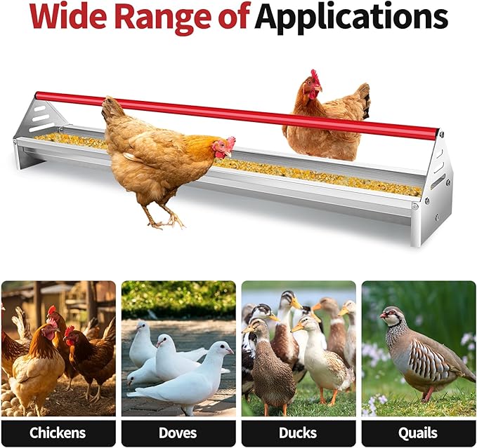 RYFT Chicken Feeding Trough 45", Heavy Duty Galvanized Steel Chicken Feeder with Red Crossbar, Holds 12 Chickens with Drainage Holes, Large Capacity Poultry Feeder Trough for Duck Geese Turkey Pigeon
