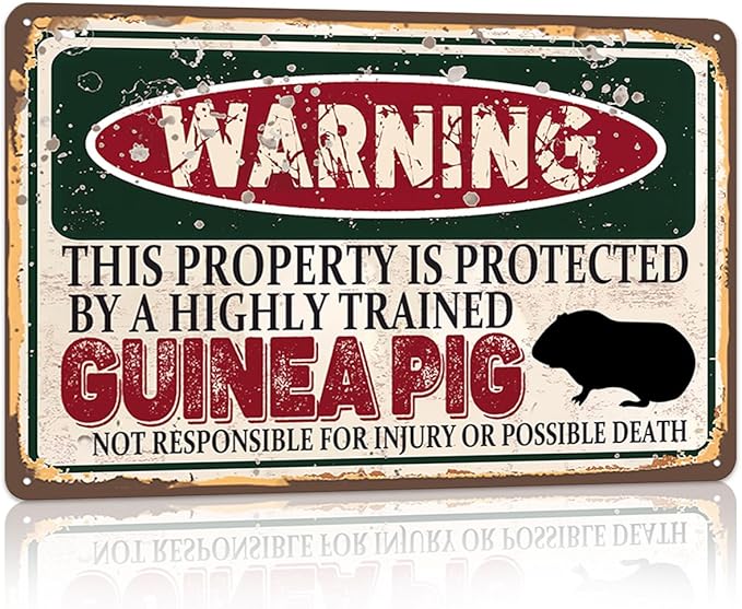 Vintage Guinea Pig Metal Sign， Warning this property is protected bY a highly trained Guinea Pig Sign Funny Tin Signs 12x8 Inch