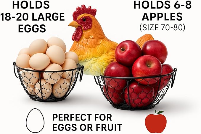 Chicken Egg Basket, for Farmhouse Kitchen Decor – Rustic Wire Egg Basket with Handle, Rooster Decorative Holder, Vintage Farmhouse Decor, Fruit Basket for Kitchen Counter
