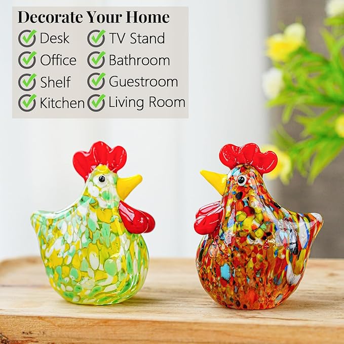 H&D HYALINE & DORA Set of 2 Mini Glass Rooster Figurines Art Blown Glass Chicken Collectible Figurine Crystal Animal Ornaments for Farm Thanksgiving Centerpiece Decor