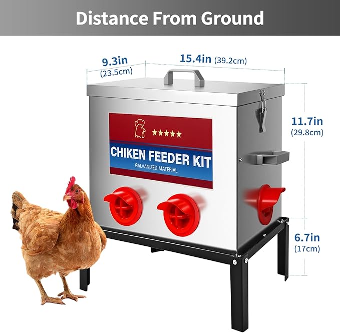 RYFT Chicken Feeder Box 40 Lbs-6 Feeding Port, Galvanized Metal No - Waste Poultry Feeder with Adjustable Legs & Locking Lid