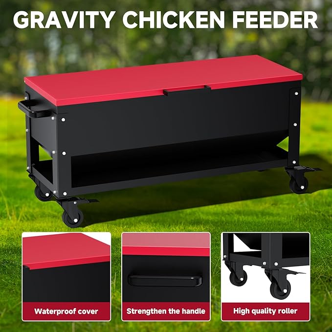 Heavy Duty Chicken Feeder 120 lbs Large Capacity, Metal Automatic Poultry Feeding Box with Waterproof Lid, Raised Standing Feeder with Wheels for Hens & Roosters, Portable & Easy to Move