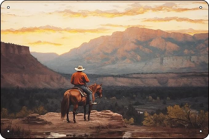 Vintage Landscape Cowboy Oil, Western Wall Art, Mid-Century Wall Decor, Rustic Southwest Decor - 8 x 12 inches Vintage Metal Sign
