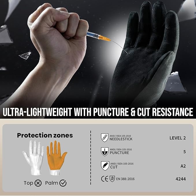 TAILI Level 2 Needlestick, Level 5 Puncture Resistant Work Gloves, Breathable and Touchscreen