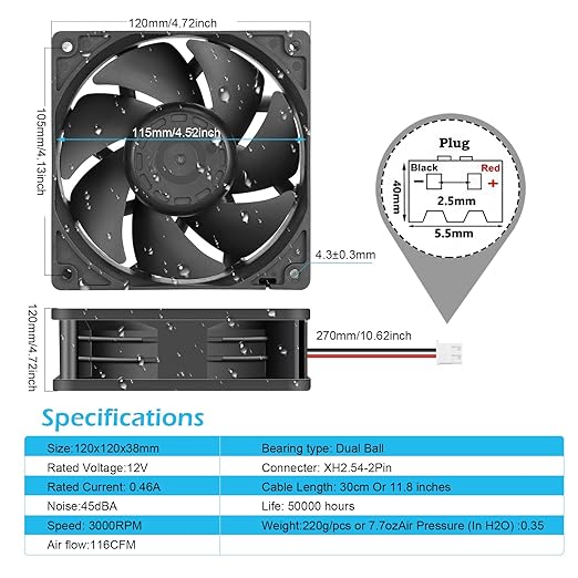 Wathai IP67 120mm x 38mm 12V Waterproof Exhaust Fan Dual Ball High Preformance for Greenhouse, Van, Humid Environments, Outdoor Enclosures or DIY Cooling Ventilation Projects