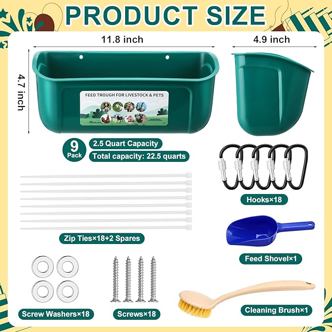9 Pack Chicken Duck Feeder Waterer Hanging Goat Feeder Trough 2.5 Quart Livestock Feeding Trough with Scoop & Brush for Pig, Poultry, Fence Feeding, 22.5 Quart Total (Green,Blue)