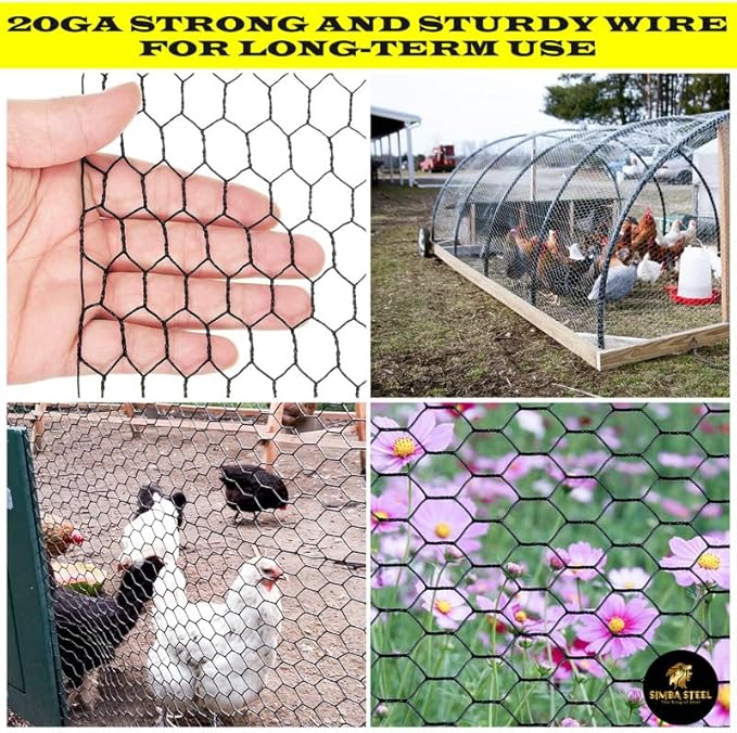 36” x 50 FT PVC Hexagonal Poultry Netting Chicken Wire | 1" Mesh | 20 Gauge | Black PVC Vinyl Coated | Rust Proof | for Garden, Fence, Chicken, Rabbit, Pet Enclosures