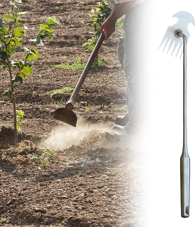 Weeds Puller Weeding Rake, with Handle, Uprooting Garden Weeding Tool Stainless Steel for Lawn Farm Outdoor Backyard, 6 Teeth, 48.5cmx10.5cmx6.5cm