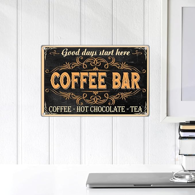 Good Days Start Here Coffee Bar Sign Vintage Metal Wall Decor Plaque For Kitchen Cafe Home Station Hot Chocolate Tea 12 x 8 Inch Aluminum Indoor Art Outdoor